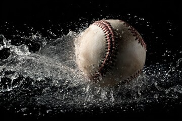 Action of a Baseball Splashing Water Featuring Motion with Black Background in Dramatic Sports Photography