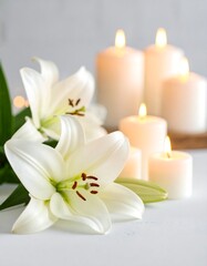 White lilies and candles on a light background.  Peaceful scene