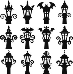 Halloween Vintage Street Lantern Silhouette Vector Set