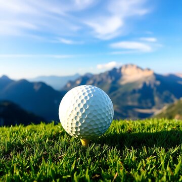 A vibrant scene of a golf ball resting on lush green grass with rolling hills and mountains in the background under a bright blue sky with wispy clouds