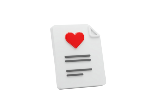 Isolated sheet of paper with a red heart for romantic relationship, 3D illustration