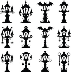 Halloween Lantern Silhouette collection, Spooky Lamp Post, vector illustration