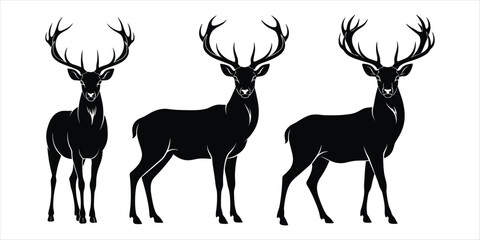 Three Black Silhouettes of Male Deer with Large Antlers stag buck
