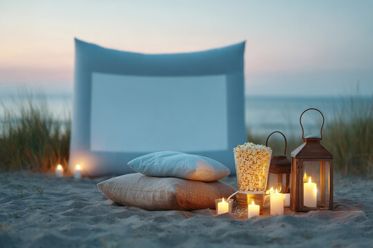 Coastal cinema: Pillows, popcorn, & lanterns set the scene for a beach movie night under the stars. Relax & enjoy the seaside cinematic experience.