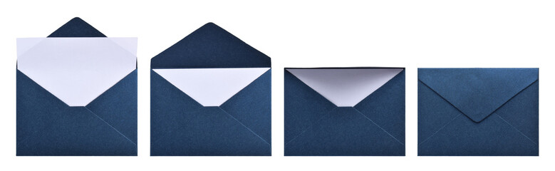 Set of dark blue paper envelopes isolated on white background