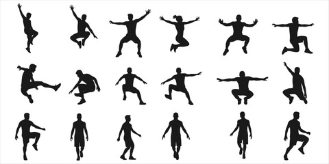 Twenty black silhouette figures in active poses including jumping and running action movement