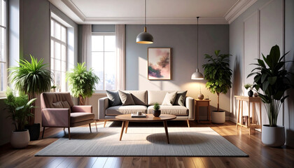 Modern Living Room with Sunlight and Plants.