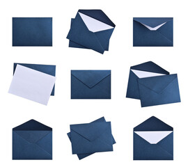 Set of dark blue paper envelopes isolated on white background