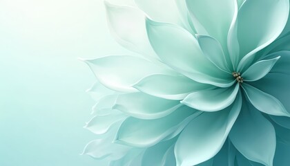 Abstract teal floral illustration featuring soft, flowing petals in pastel green, white hues. Delicate curves, swirls create tranquil, elegant background design. Serene, dreamlike quality suitable