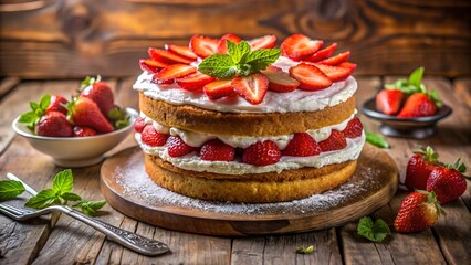 Strawberry cake with fresh red strawberries and creamy layers on a natural background. Bright, rustic dessert scene perfect for bakery, celebration, or food photography.