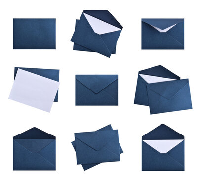 Set of dark blue paper envelopes isolated on white background