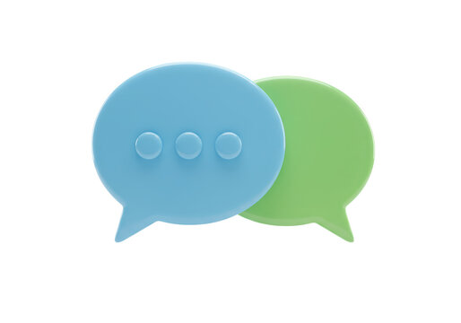 Isolated 3D style chat bubbles in blue and green for online communication with no background