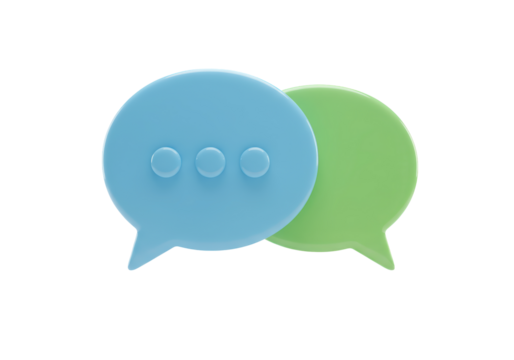 Isolated 3D style chat bubbles in blue and green for online communication with no background