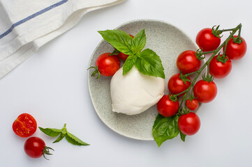 Fresh mozzarella cheese, cherry tomatoes and basil on plates on light background. Concept of Italian cuisine, capise salad and healthy eating.