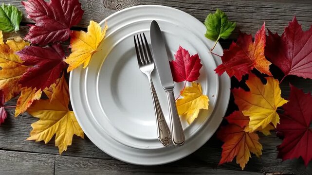Autumn table setting with colorful leaves and elegant cutlery for a cozy gathering in the fall season
