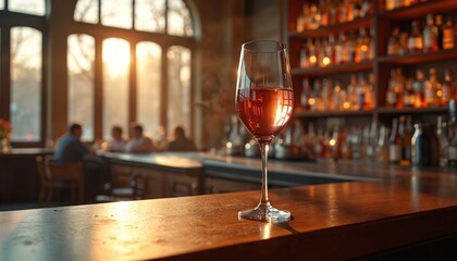 Glass of rose wine sits on bar in luxurious restaurant. Soft sunset light streams through large windows, illuminating bokeh effect. Bottles line shelves in background creating elegant ambiance for