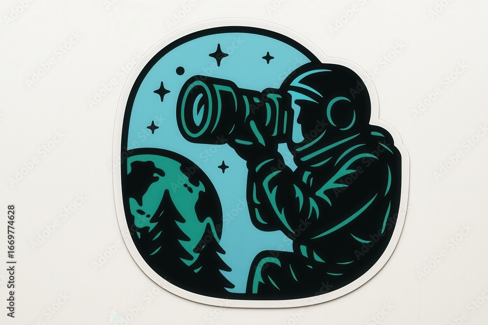 Aufkleber astronaut observing planet earth through a large camera lens surrounded by cosmic stars and trees sy