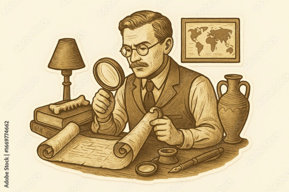Poster thoughtful investigator analyzing ancient artifacts in a cozy study illuminated by warm lamp light w