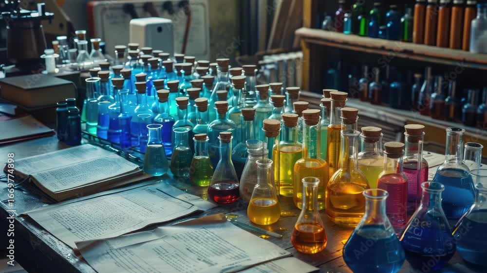 Poster a table filled with variously colored bottles