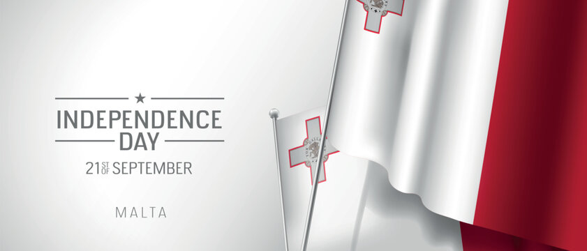 Malta happy independence day greeting card, banner vector illustration. Maltese national holiday 21st of September design element with 3D flag