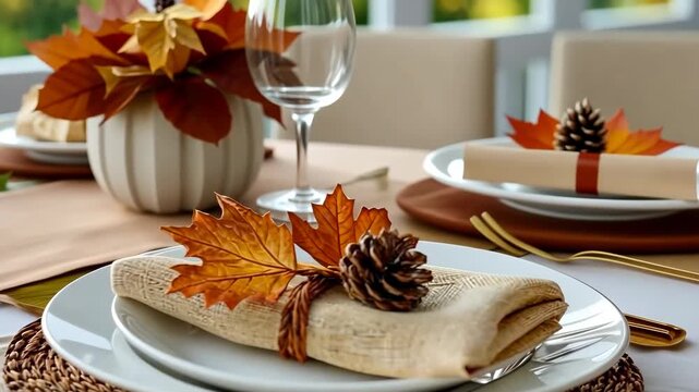 Setting a beautiful fall dining table with natural elements in a cozy atmosphere for a festive gathering