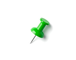 A green push pin with a flat head and metallic point, tilted at an angle, is placed on a plain white background in a realistic style with reflections on the plastic surface.
