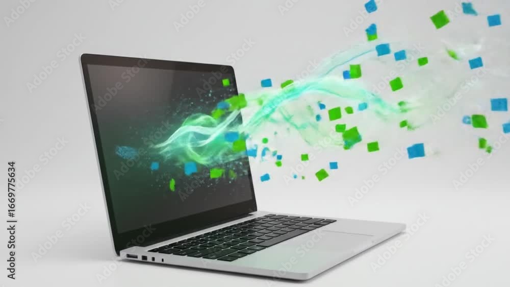 Aufkleber laptop displaying green and blue abstract design on screen with floating square elements around it