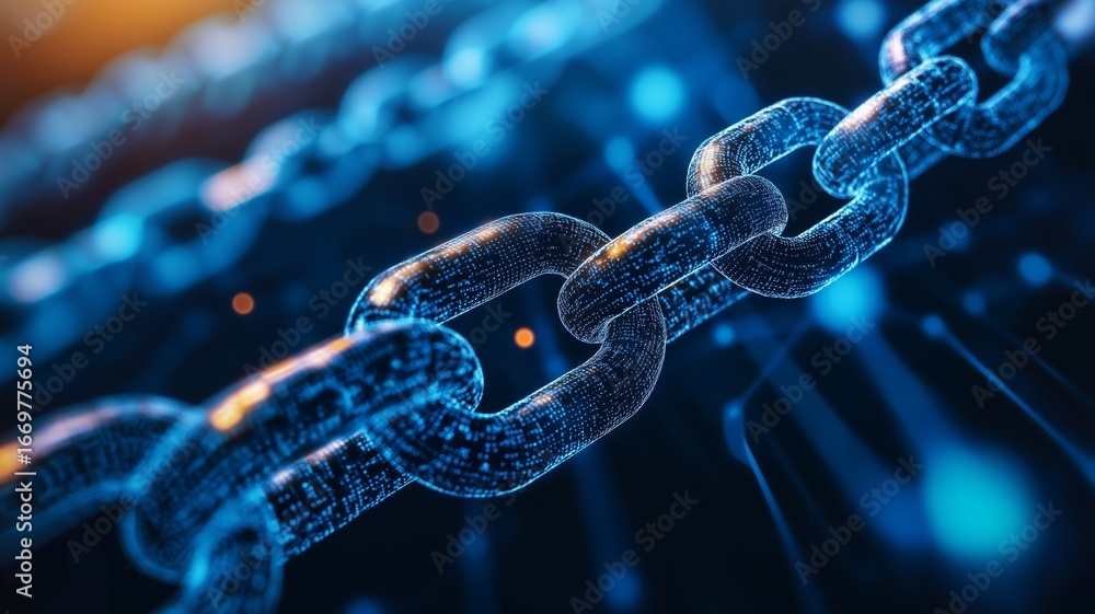 Poster exploring the intricate details of digital chains and blockchain technology in a futuristic setting