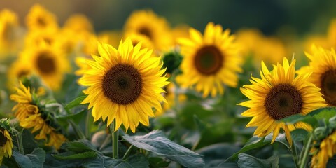 Fototapeta premium The Sunflower Field Showcasing Bright Yellow Blooms in Soft Focus Summer Light