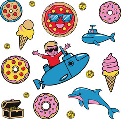 Cartoon kids food doodle, bold thick outline, smiling pizza with sunglasses, ice cream cone dancing, donut with arms, playful illustration vector 1
