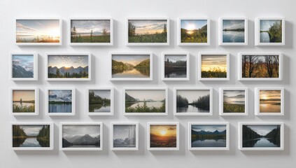 Collection of framed landscape photographs showcasing serene natural scenes with reflections in water