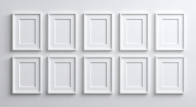 Ten identical white rectangular picture frames arranged in two rows against a neutral gray wall