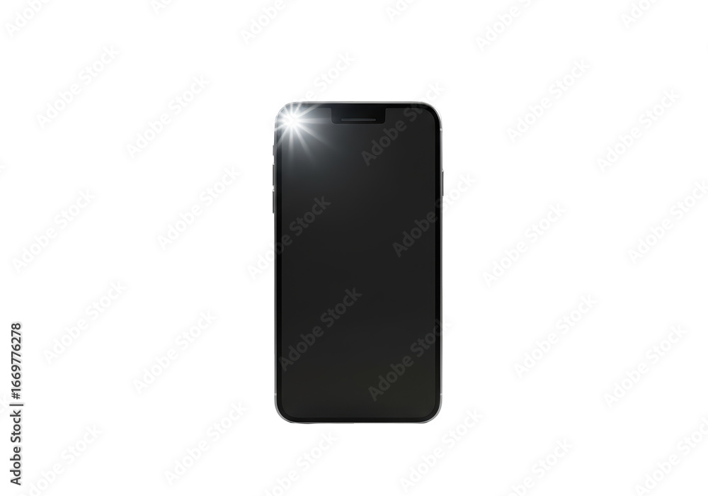 Poster isolated new smartphone with notch, modern device display, camera flash, and button access