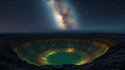 An otherworldly crater illuminated by glowing preservation symbols beneath a meteor shower.