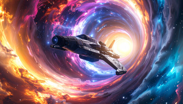 Spaceship traveling through a colorful wormhole in deep space.