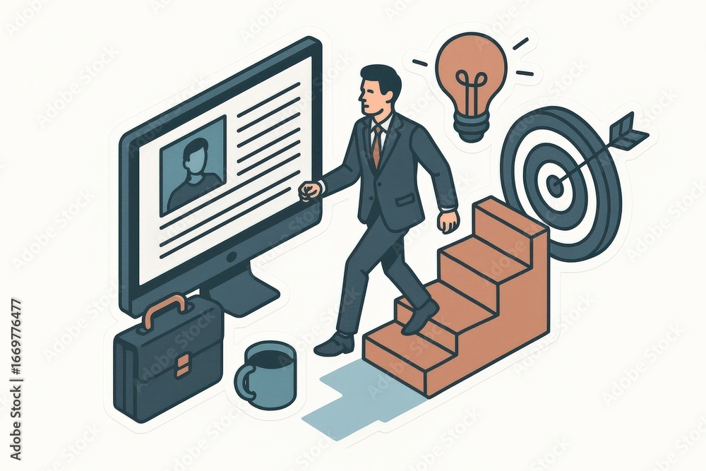 Poster professional man ascending steps beside a computer screen showcasing a profile image symbolizing car