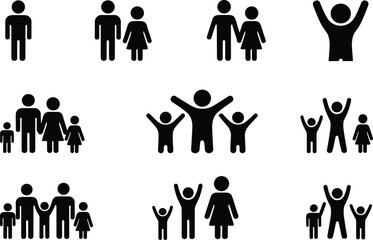 Family silhouette icon set, social group vector, black people figures, parenting, children, community, unity, arms raised, holding hands