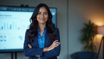 Confident young Latina engineer presents STEM ideas in modern office setting. Stands with arms crossed, smiling, in front of screen displaying charts, data. Pro attire, poised demeanor reflect