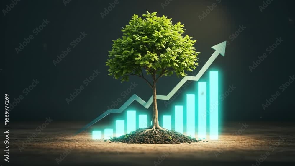 Poster a tree growing in soil with a rising graph and arrow in the background on a dark surface