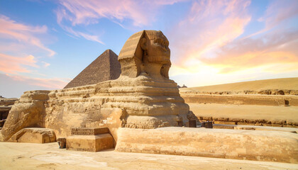 The Great Sphinx of Giza and Pyramid at Sunset.
