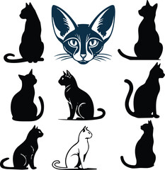Cat silhouette, feline profile, sitting cat, Sphynx head, black and white, pet icon, animal shape, minimalist design, vector illustration