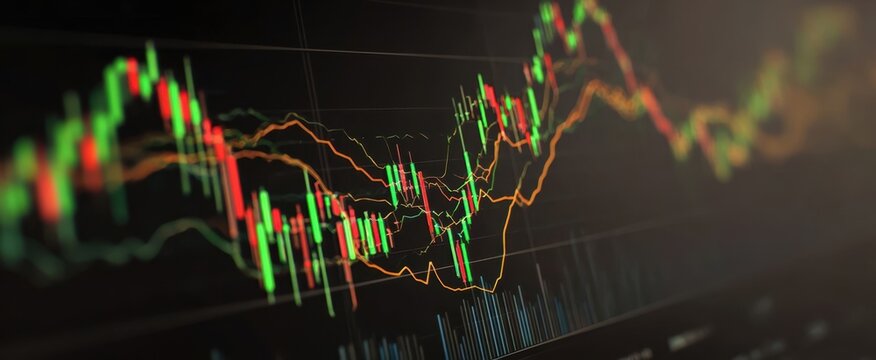 The stock market candlestick chart showing volatile trading patterns and technical indicators