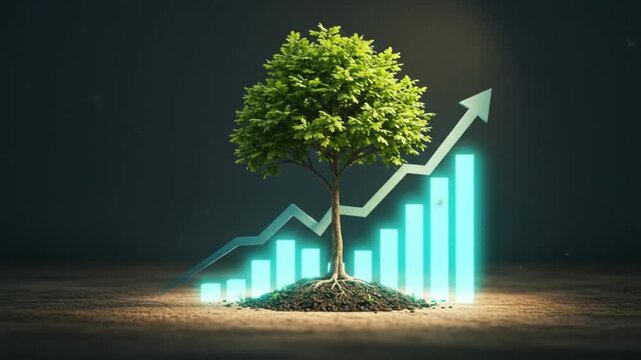 A tree growing in soil with a rising graph and arrow in the background on a dark surface