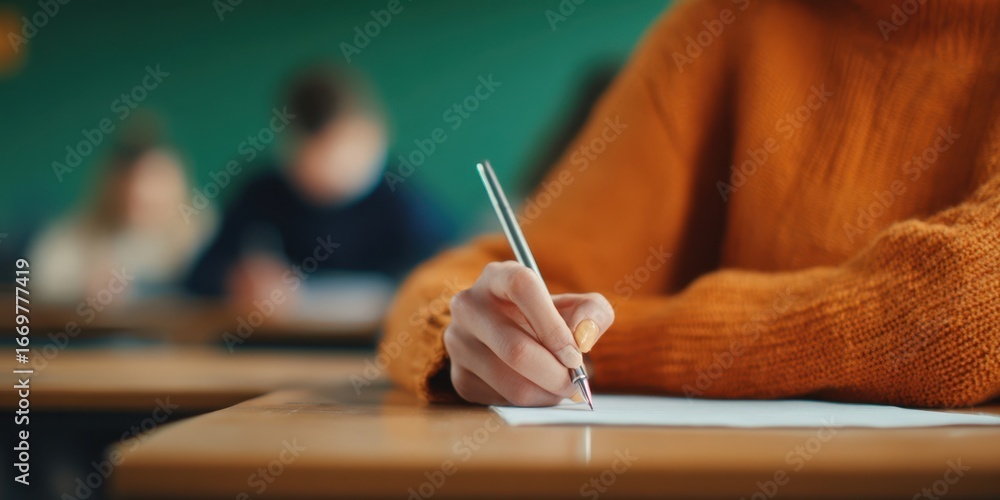 Poster the student writing on paper during an exam in a classroom setting