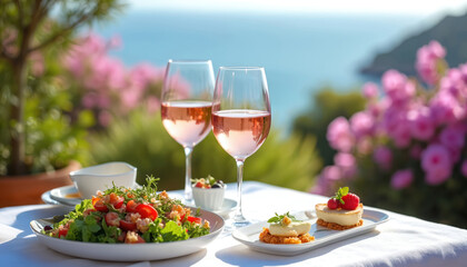 Two glasses of rose wine set on table with fresh salad, two small desserts. Outdoor patio setting features blooming pink flowers, blurred ocean view, creating romantic, luxurious atmosphere for