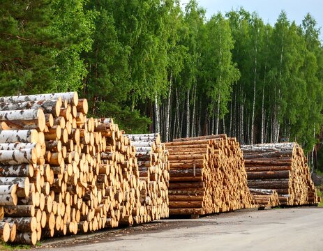 Piled logs in a forest clearing
