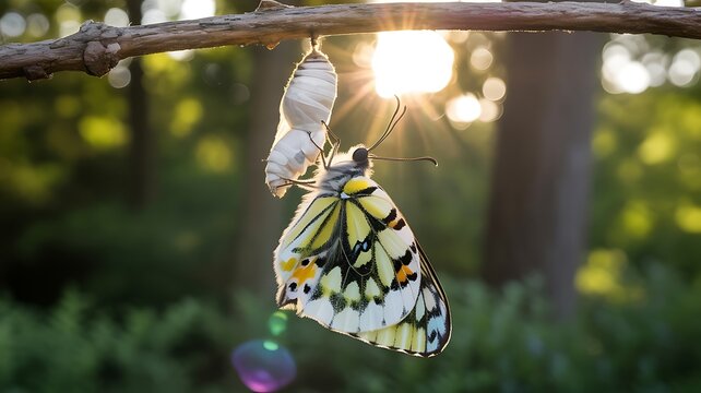 Yellow butterfly with black and white wings emerging from cocoon conveying change and growth.