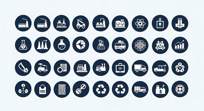 A comprehensive collection of industrial and scientific icons, presented in circular frames, in a clean design, featuring various elements like factories, labs, vehicles, and diagrams.