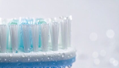 Macro toothbrush bristles fresh and wet detail widescreen with copy space right dental hygiene healthcare product design advertising background