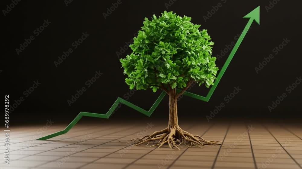 Poster a small tree with roots on a tiled floor with a green upward arrow on a dark background behind it